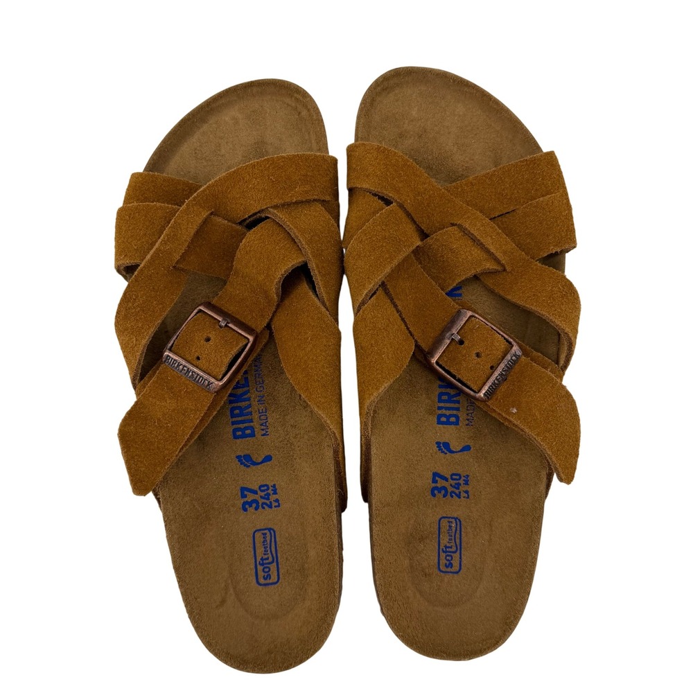 Birkenstock Lugano Mink Suede Leather Sandals Soft Footbed Brown 37 Narrow
